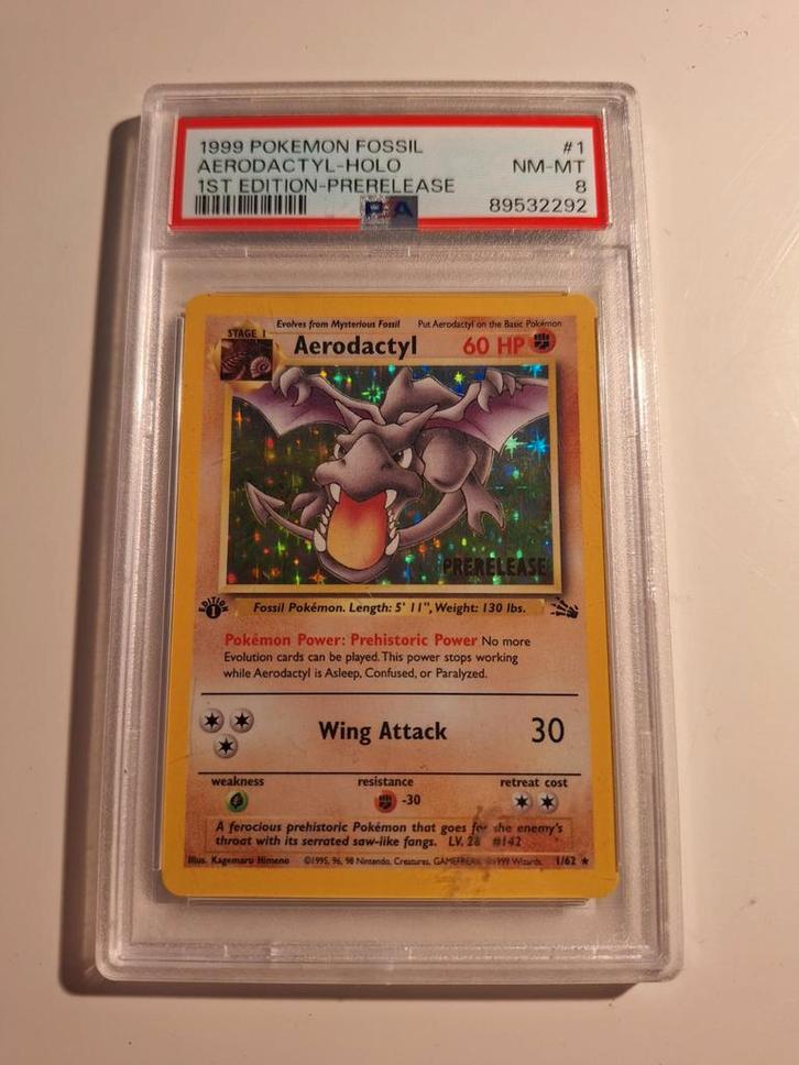 Aerodactyl 1st Ed. Pre-release PSA 8 Fossil, Hobby en Vrije tijd, Verzamelkaartspellen | Pokémon, Ophalen of Verzenden