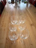 6 gegraveerde wijnglazen en een wijnkaraf, brocante, Ophalen, Gebruikt, Overige typen