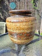 Prachtige vaas-pot aardetinten bruin-oker kraterglazuur, Overige kleuren, Aardewerk of Porselein, Ophalen of Verzenden, Zo goed als nieuw