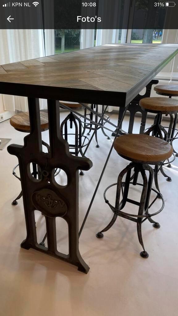 Statafel Stef van der Bijl + 6 barkrukken. L250 B80 H110, Huis en Inrichting, Tafels | Eettafels, Gebruikt, 150 tot 200 cm, 200 cm of meer