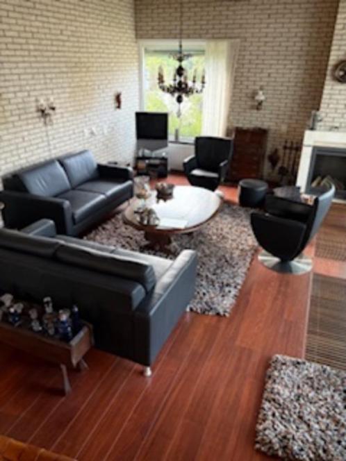 Zwarte leren bankstel, Huis en Inrichting, Banken | Bankstellen, Gebruikt, Rechte bank, Vierpersoons of meer, 150 tot 200 cm, 75 tot 100 cm