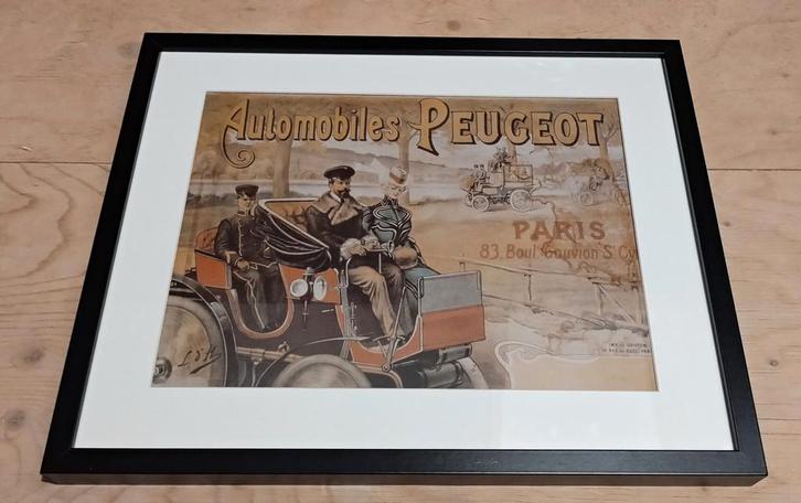 Vintage Peugeot reclamebord in lijst, Verzamelen, Automerken, Motoren en Formule 1, Gebruikt, Auto's, Ophalen of Verzenden
