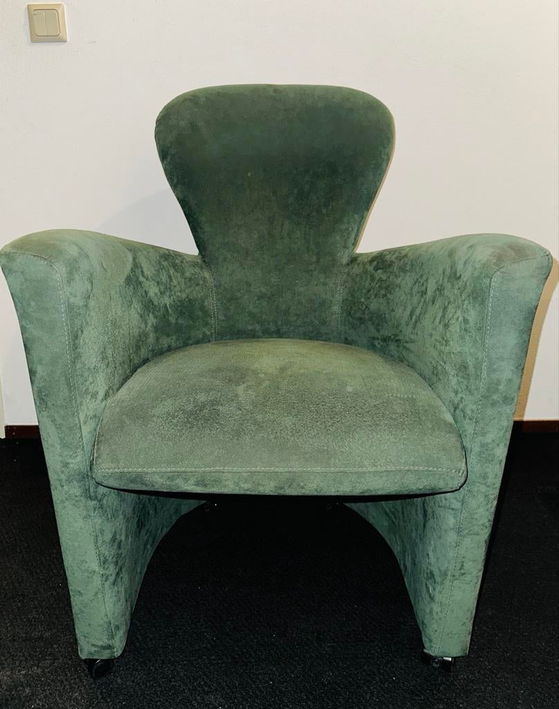 2 z.g.a.n. zeegroene Leolux fauteuils, Ophalen, Modern met knipoog naar barok, Minder dan 75 cm, Zo goed als nieuw