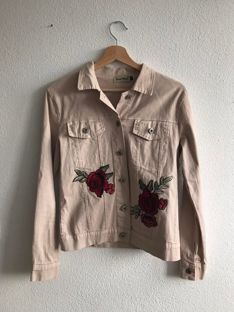 Katoenen spijkerjas beige met geborduurde bloemen, Ophalen of Verzenden, Zo goed als nieuw, Maat 36 (S), Beige