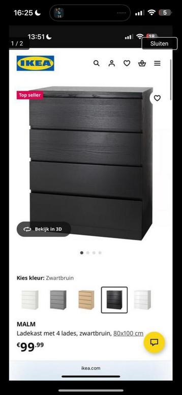 Ikea Malm Ladekast - Zwartbruin - afbeelding 1