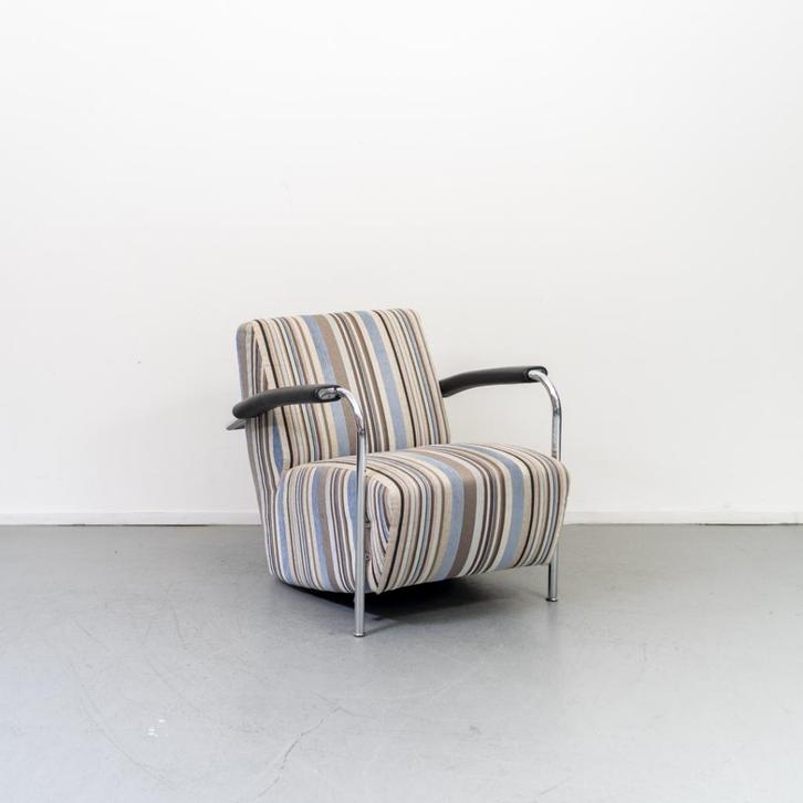 4x Leolux Scylla Fauteuil Lage Rug Blauw/Wit/Bruin Gestreept, Huis en Inrichting, Fauteuils, Zo goed als nieuw, Leer, Metaal, Stof