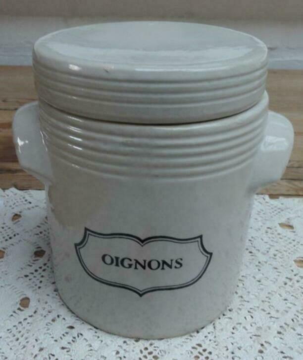 Franse gres uienpot met zwarte tekst OIGNONS, Antiek en Kunst, Curiosa en Brocante, Ophalen of Verzenden