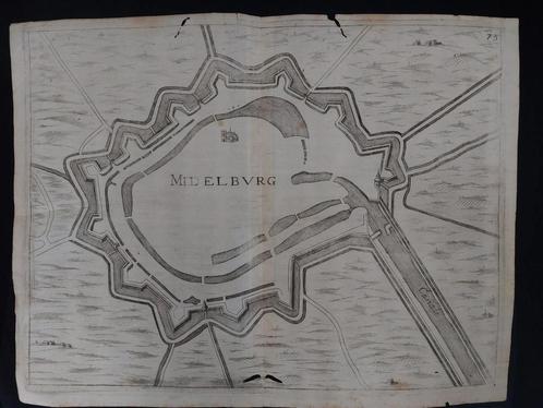 Stadsplattegrond van Middelburg gravure uit 17e eeuw, Antiek en Kunst, Kunst | Etsen en Gravures, Ophalen of Verzenden