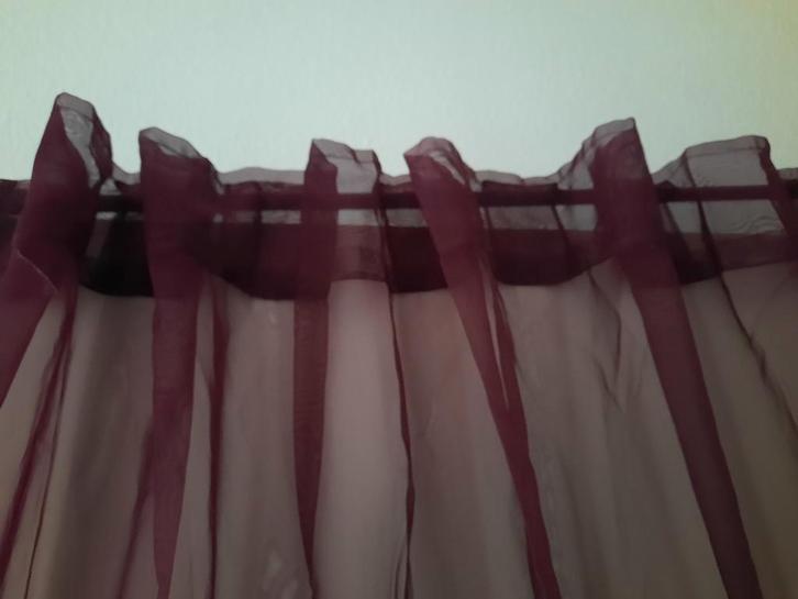 Stof Bordeauxrood-paars-dun gordijn 2x, Huis en Inrichting, Stoffering | Gordijnen en Lamellen, Zo goed als nieuw, 200 cm of meer