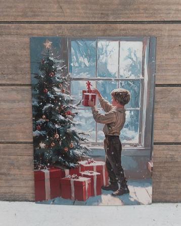 Vintage look kerst-kaart jongen pakt cadeautje  beschikbaar voor biedingen