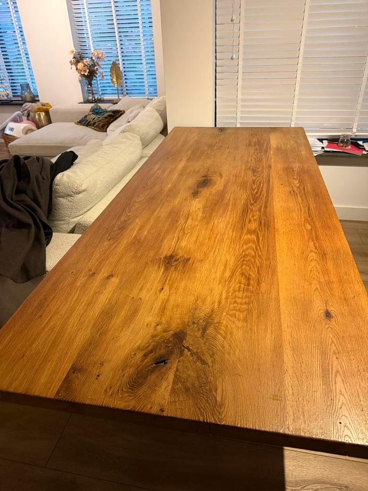 Houten Tafel met Stalen Kruispoot, Huis en Inrichting, Tafels | Eettafels, Gebruikt, 100 tot 150 cm, 200 cm of meer, Vijf personen of meer