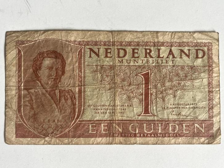 Nederlands bankbiljet van 1 Gulden Juliana (1949, gebruikt), Postzegels en Munten, Bankbiljetten | Nederland, Los biljet, 1 gulden