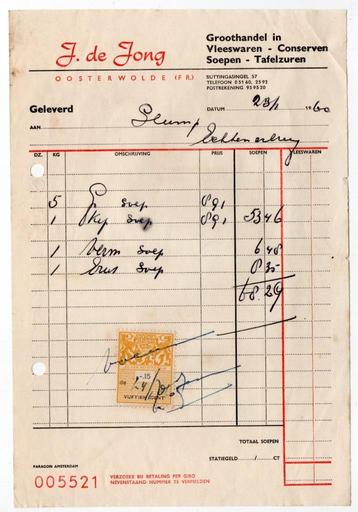 nota J.de Jong Oosterwolde (Friesland) vleeswaren 1960 beschikbaar voor biedingen