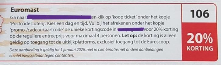 Euromast 20% kortingsbon, Tickets en Kaartjes, Kortingen en Cadeaubonnen, Drie personen of meer, Overige typen, Kortingsbon
