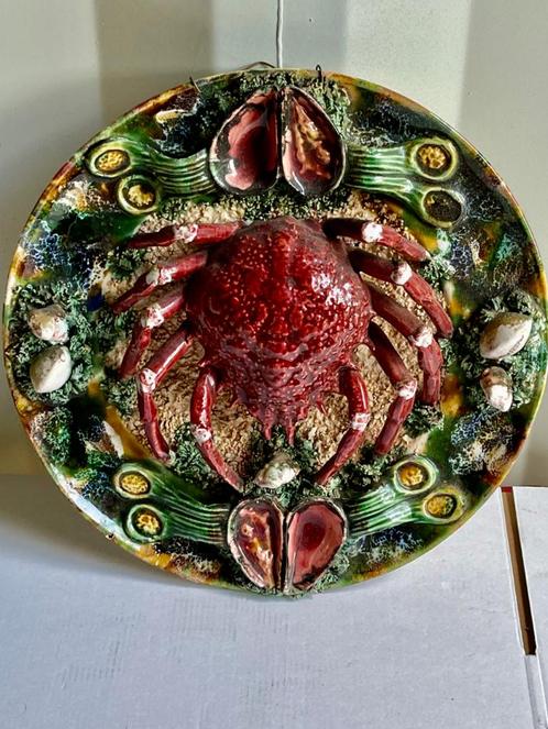 Majolica wandbord met krab – 19e/20e eeuw, zeer gedetailleer, Antiek en Kunst, Antiek | Wandborden en Tegels, Ophalen of Verzenden