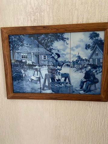 Tegelschilderij van een boer die klompen maakt. beschikbaar voor biedingen