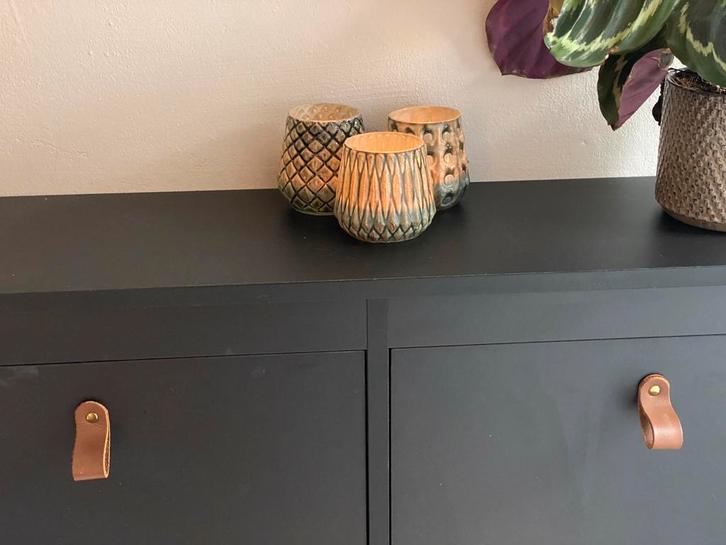 Drie glazen waxinelichthouders groen/blauw/bruin accent., Huis en Inrichting, Woonaccessoires | Overige, Zo goed als nieuw, Ophalen of Verzenden