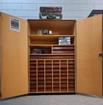 Vintage/Industriële houten schoolkast/ladekast, 43 lades, Huis en Inrichting, Kasten | Ladekasten, Ophalen, Gebruikt, 100 tot 150 cm