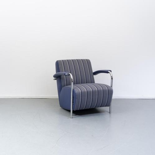 1x Leolux Scylla fauteuil blauw/wit gestreept, Huis en Inrichting, Fauteuils, Zo goed als nieuw, Leer, Ophalen of Verzenden