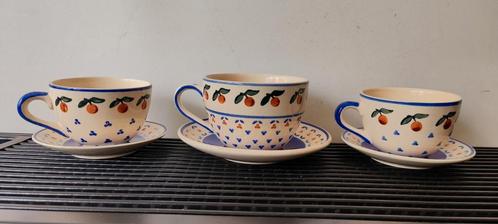 W'art 3x keramieken kop en schotel, handpainted, Antiek en Kunst, Antiek | Servies los, Ophalen of Verzenden