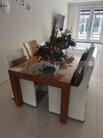 Massief houten eettafel met 4 lederen stoelen, Huis en Inrichting, Tafels | Eettafels, Ophalen, Gebruikt, Landelijk, hout., 50 tot 100 cm