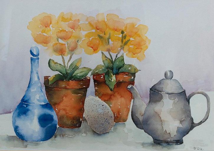 Stilleven in aquarel, fraai gelijst, Antiek en Kunst, Kunst | Schilderijen | Klassiek, Ophalen of Verzenden