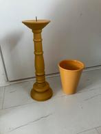 Grote houten kandelaar en bloempot geel, Ophalen of Verzenden