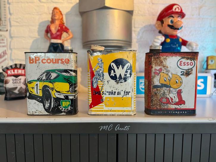 Vintage Olieblikken Set - BP, Esso, Two-Stroke, Verzamelen, Merken en Reclamevoorwerpen, Gebruikt, Ophalen of Verzenden