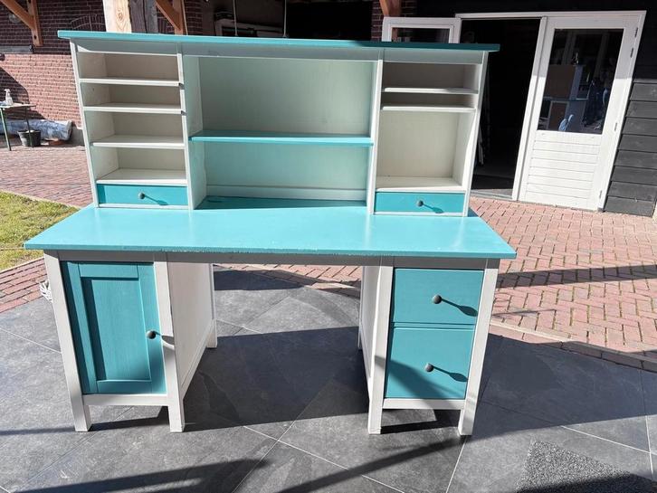 Bureau met opzetstuk - Turquoise/Wit, Huis en Inrichting, Bureaus, Zo goed als nieuw, Bureau, Ophalen