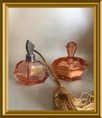 Art deco glazen parfumflesje en potje, Ophalen of Verzenden