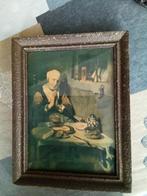 Oud lijstje met oude plaat. Biddende vrouw aan eettafel., Antiek en Kunst, Kunst | Schilderijen | Klassiek, Ophalen of Verzenden