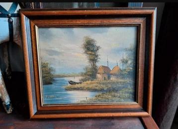 Olieverf op Doek Schilderij/Bootje-Meertje-Boerderij beschikbaar voor biedingen