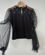 Zwarte top lange mouw shirt doorzichtige mouwen met parels L, Ophalen of Verzenden, Zo goed als nieuw, Zwart, Lange mouw