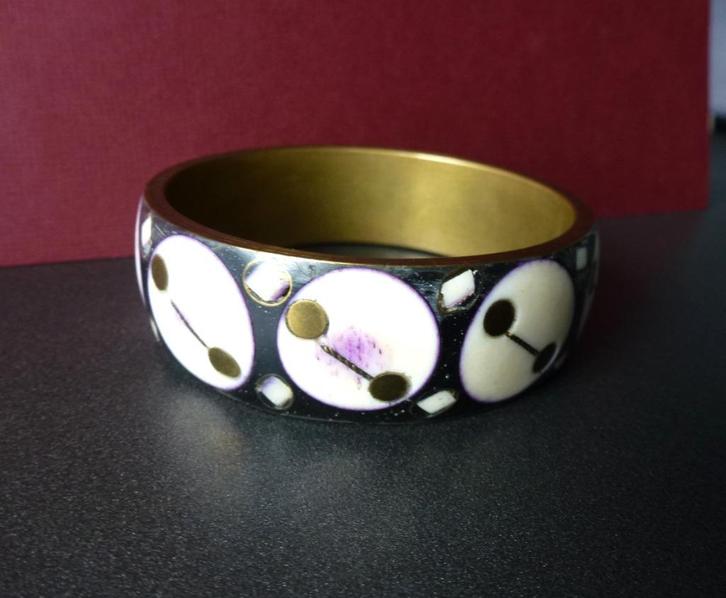 Antieke/vintage Armband Ingelegd met been op koper /brons, Sieraden, Tassen en Uiterlijk, Armbanden, Gebruikt, Overige materialen