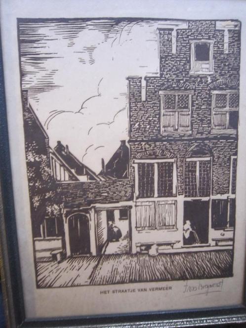 DELFT, Mooie Houtsnede v/d BOGAERT Straatje van Vermeer, Antiek en Kunst, Kunst | Litho's en Zeefdrukken, Ophalen of Verzenden