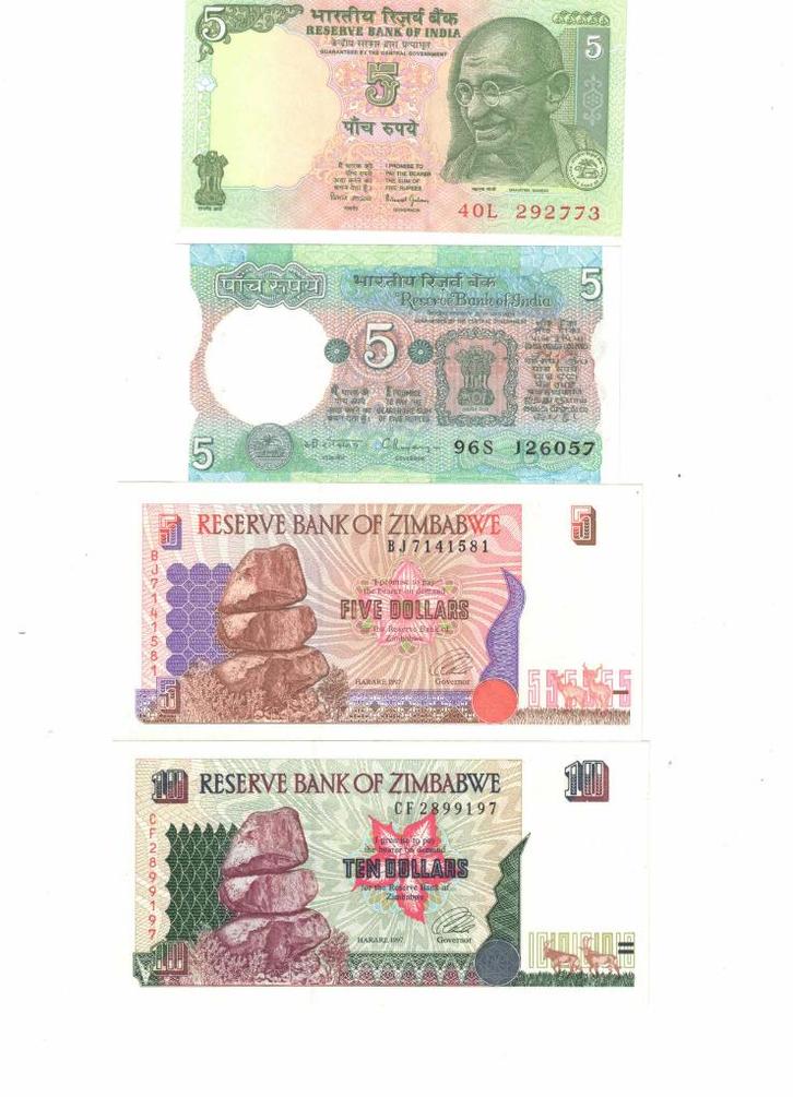 2 Biljetten uit India en 2 Biljetten uit Zimbabwe, Postzegels en Munten, Bankbiljetten | Azië, Los biljet, Zuid-Azië, Verzenden