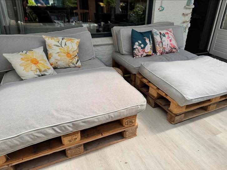 4 palletkussensets incl. pallets, Tuin en Terras, Tuinsets en Loungesets, Zo goed als nieuw, Loungeset, 4 zitplaatsen, Bank, Ophalen