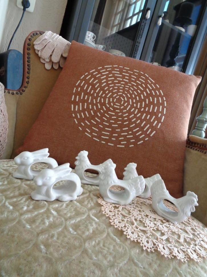 6 Brocante Servetringen Konijn en Kip / Haan ** Mimosa **, Antiek en Kunst, Antiek | Servies los, Ophalen of Verzenden