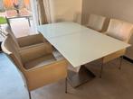 4 beige leren eetkamerstoelen, Huis en Inrichting, Stoelen, Gebruikt, Overige kleuren, Ophalen of Verzenden, Metaal