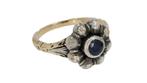 Saffier en 8 roos diamanten antiek 14k dames ring goud rozet, Sieraden, Tassen en Uiterlijk, Antieke sieraden, Ophalen of Verzenden