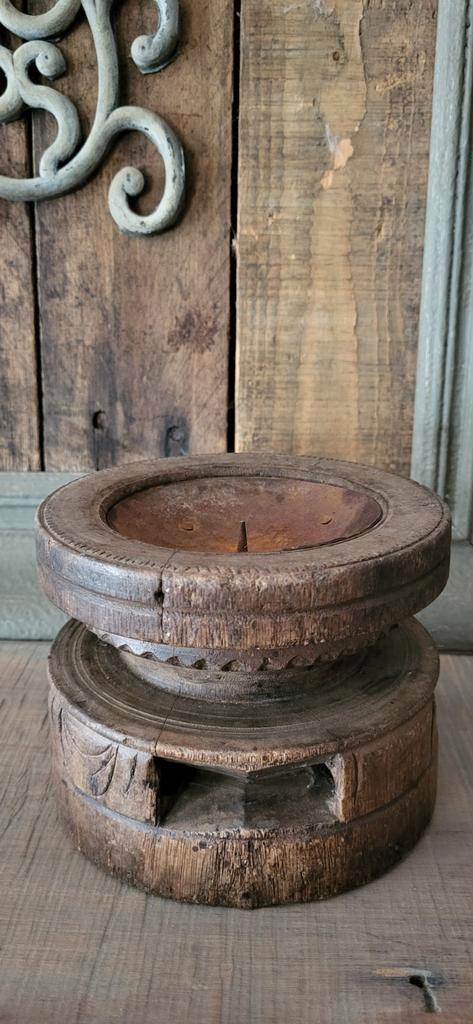 Houten Kandelaar Poer - Stoer & Landelijk, Huis en Inrichting, Woonaccessoires | Kandelaars en Kaarsen, Zo goed als nieuw, Minder dan 25 cm