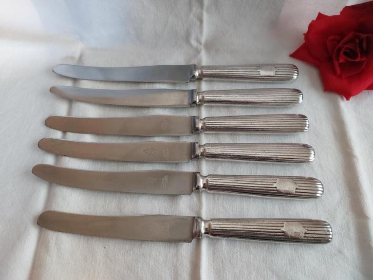 Hollandia Plate | set van 6 oude, verzilverde dinermessen, Antiek en Kunst, Antiek | Bestek, Verzenden