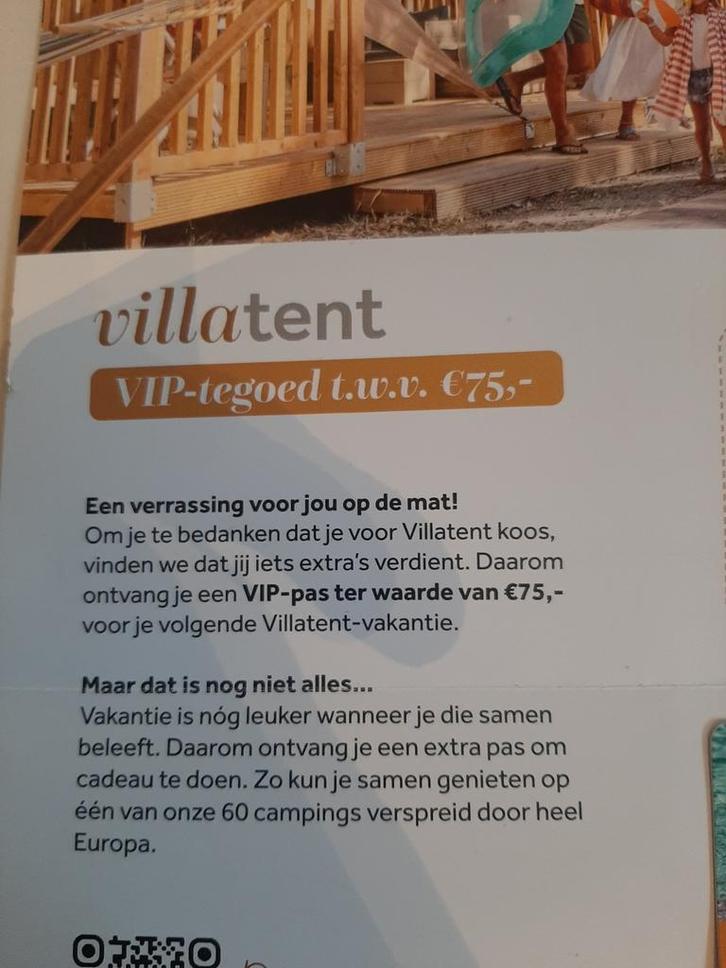 Villatent kortingscode (geldig bij boeking tot 31 maart 2026, Tickets en Kaartjes, Kortingen en Cadeaubonnen, Kortingsbon