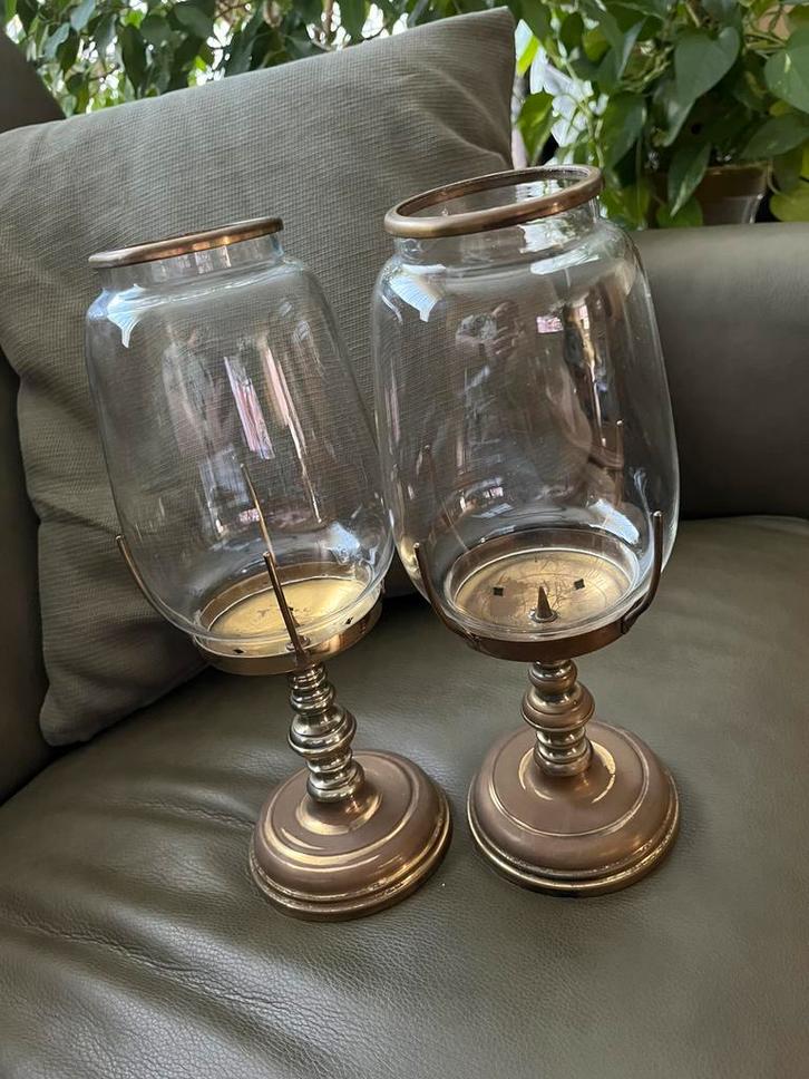 Set messing hurricane kandelaars met glas, Antiek en Kunst, Antiek | Kandelaars, Overige materialen, Ophalen