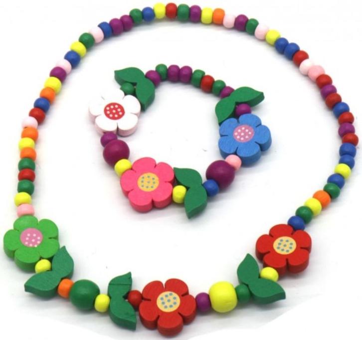 PARTIJ HOUTEN ARMBAND EN KETTING BLOEMEN, Diversen, Rommelmarktspullen, Nieuw, Ophalen of Verzenden