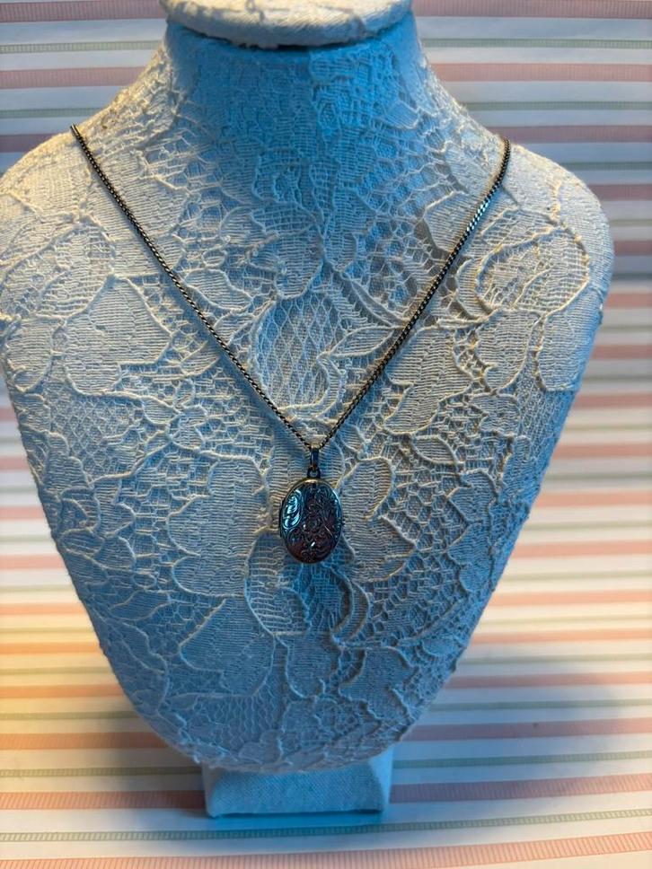 Zilveren medallion, ovaal, aan zilveren ketting, Sieraden, Tassen en Uiterlijk, Kettingen, Zo goed als nieuw, Zilver, Zilver, Ophalen of Verzenden