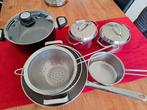 Wokpan+2 kook+steel+braadpan+vergiet+zeef, Huis en Inrichting, Keuken | Potten en Pannen, Gebruikt, Wok, Ophalen, Gietijzer