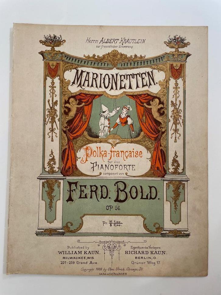 Oude bladmuziek, VS/Duitsland 1888, Marionetten, Muziek en Instrumenten, Bladmuziek, Gebruikt, Piano, Ophalen of Verzenden