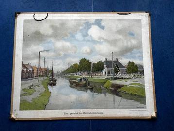 Antieke schoolplaat “Een gezicht in Ommelanderwijk”  beschikbaar voor biedingen