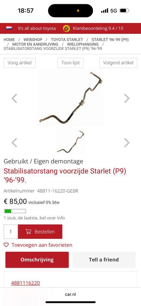 Stabilisatorstang voorzijde Starlet/paseo (P9) ‘96-‘99, Auto-onderdelen, Ophanging en Onderstel, Toyota, Gebruikt, Ophalen of Verzenden